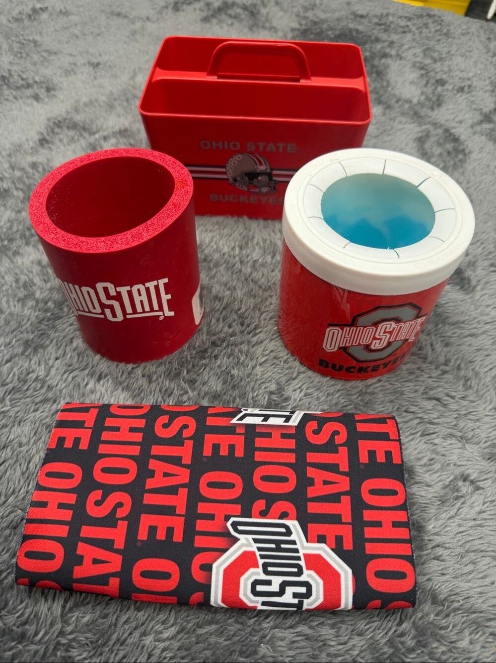 Ohio State Buckeyes Tailgate Set- Coozies, bottle sleeve and small plastic caddy